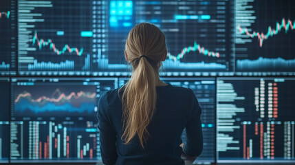 Back view of a woman analyzing a holographic stock market graph, glowing data visualizations, and futuristic interface representing finance, technology, and analytics.
