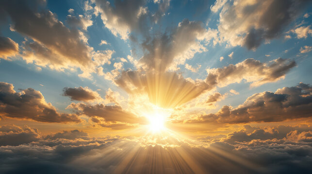 Golden sun halo sunbeam cloud layer dramatic sky warm sunrise radiant light atmospheric peaceful