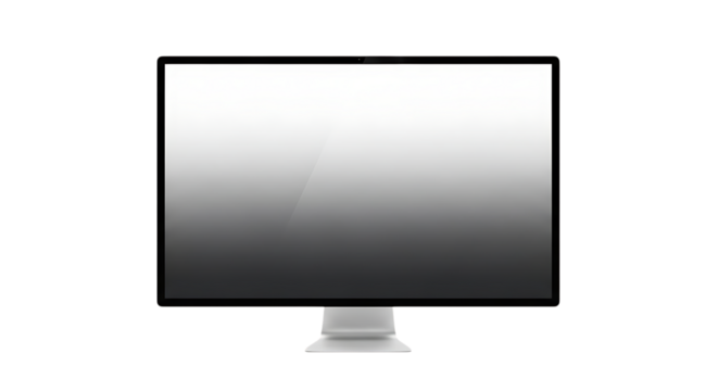 A modern computer monitor with a white screen and a silver stand against a black background display device on transparent background - Powered by Adobe