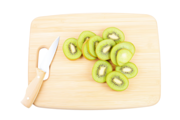 Wooden cutting board with kiwi slices and knife on transparent background