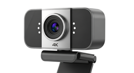 A close up shot of a silver and gray webcam with a lens and a stand on a black background space on transparent background