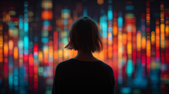 Back view of a woman analyzing a holographic stock market graph, glowing data visualizations, and futuristic interface representing finance, technology, and analytics. - Powered by Adobe