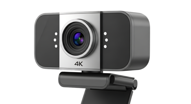 A close up shot of a silver and gray webcam with a lens and a stand on a black background space on transparent background
