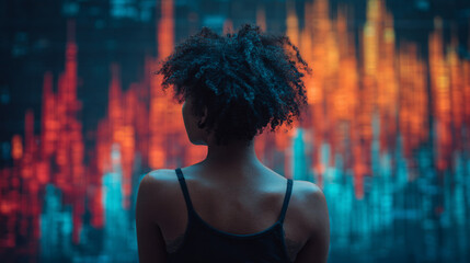 Back view of a woman analyzing a holographic stock market graph, glowing data visualizations, and futuristic interface representing finance, technology, and analytics.