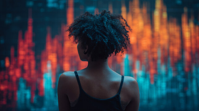 Back view of a woman analyzing a holographic stock market graph, glowing data visualizations, and futuristic interface representing finance, technology, and analytics. - Powered by Adobe