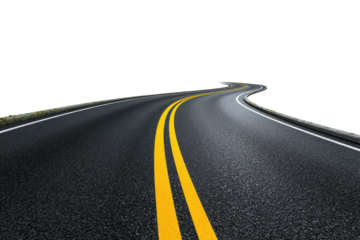Winding asphalt road with yellow double lines on black background highway street, Png, Isolated on Transparent Background, Cut Out