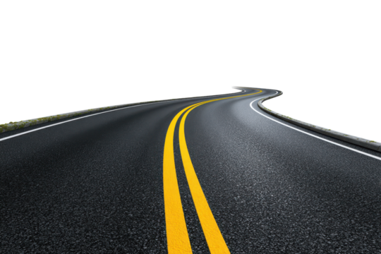 Winding asphalt road with yellow double lines on black background highway street, Png, Isolated on Transparent Background, Cut Out