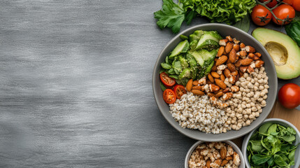 Green salad avocado almond chickpea bowl quinoa tomato healthy workspace snack