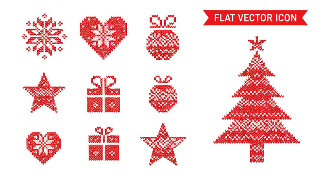 A set of pixel art Christmas holiday icons featuring a traditional Nordic or Scandinavian sweater pattern including a tree, snowflake, and gift
