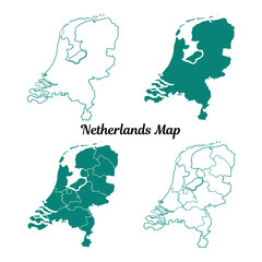 Netherlands Map Teal Outlines Illustrations on White Background