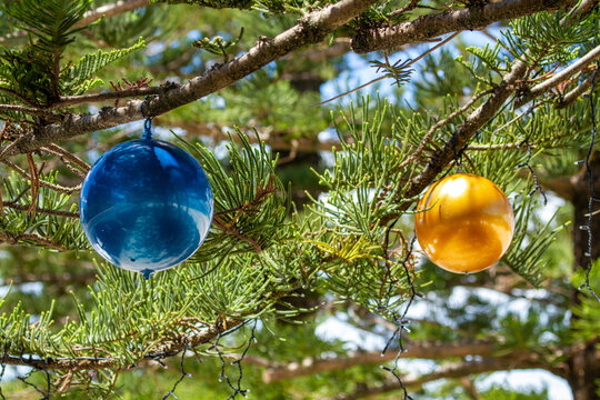 Giant Christmas baubles and decorations on tree.