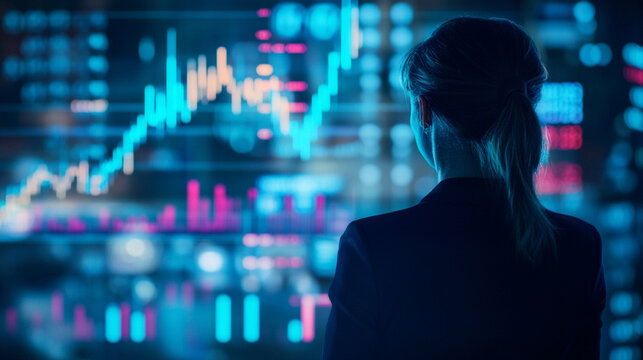 Back view of a woman analyzing a holographic stock market graph, glowing data visualizations, and futuristic interface representing finance, technology, and analytics.