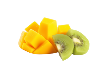 Vibrant tropical fruits including mango cubes and kiwi halves on transparent background