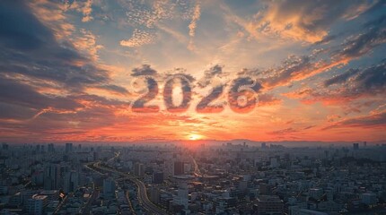 A cityscape at sunset with cloud formation of the year two thousand twenty six above the horizon line