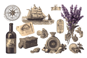 Vintage nautical and botanical elements isolated on transparent background