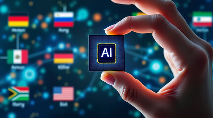 AI chip export concept ,hand holding ai chip technology finger glow network flag innovation with curiosity