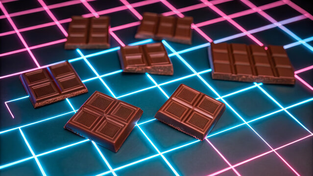 Chocolate bar square floating neon grid retro cyberpunk mood, chocolate bar square floating neon grid retro vibe