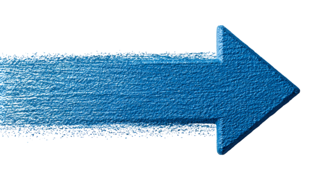 Blue digital arrow dissolving into particles isolated on transparent background