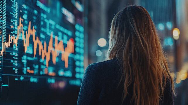Back view of a woman analyzing a holographic stock market graph, glowing data visualizations, and futuristic interface representing finance, technology, and analytics.
