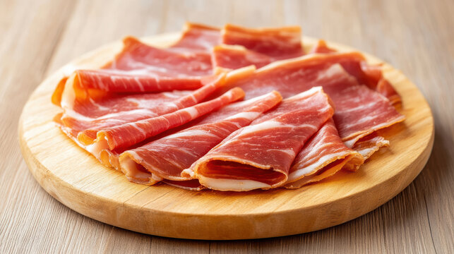 Thin marbled ham sliced on wooden board appetizing cured meat plate
