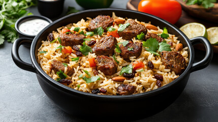 Kabsa rice with spiced lamb, almonds, raisins and herbs served in black pot, aromatic