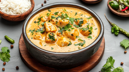 Creamy coconut turmeric curry with paneer cubes garnished with cilantro