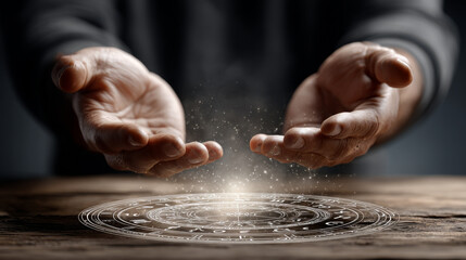 Zodiac and Prediction concept ,Fortune teller mystic zodiac horoscope magic ritual hands circle light wood dust glow occult