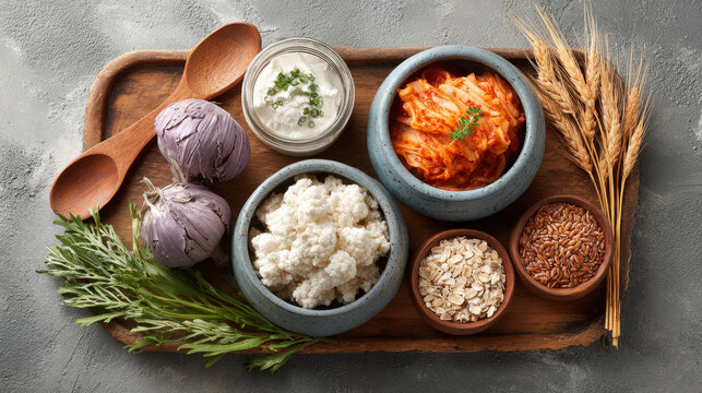 Gut Healthy concept ,Fermented food probiotic kimchi kefir cottage cheese oats flaxseed grains garlic herbs