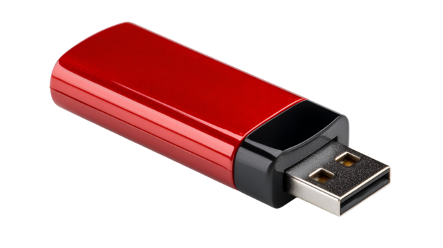 Red usb flash drive isolated on transparent background