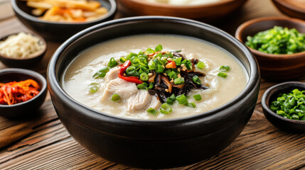 Rice cake soup tteokguk white broth New Year savory chicken garnish