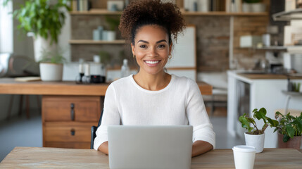 Young woman smiling at laptop in cozy home office with plant and coffee
