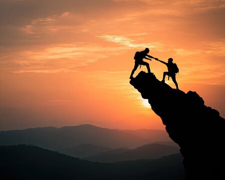 Silhouette Climbers Helping Each Other Sunset Mountain