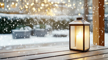 Snow lantern glowing on snowy wooden table with gentle snowfall and warm bokeh lights