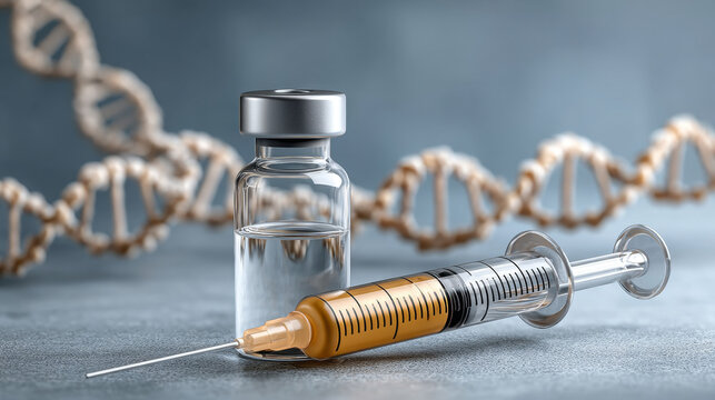 Hormonal injection concept ,Medical syringe vaccine vial DNA helix biotechnology genetic research laboratory sterile - Powered by Adobe