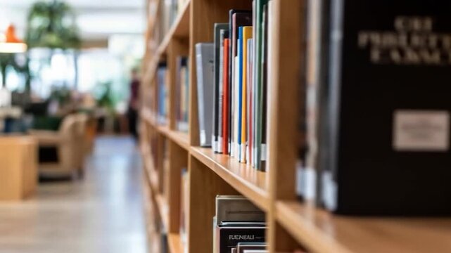 Bookshelves filled with colorful books in a modern library or academic study space