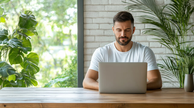 Man using laptop on wooden desk by window peaceful workspace with plants