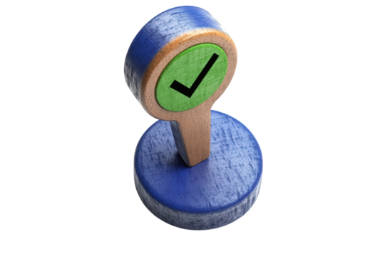 A wooden stamp with a green circle and a black checkmark stands upright, isolated on transparent background the stamp has a blue base and a natural wood handle