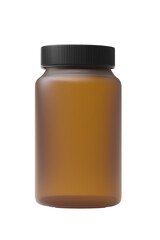 Sleek cylindrical amber glass jar with black ribbed lid on transparent background