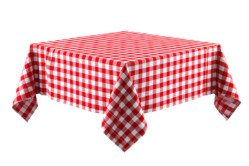 Red and white checkered tablecloth draped over a square table isolated on transparent background