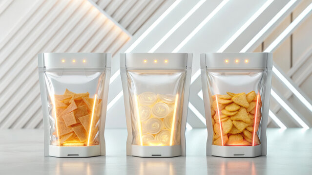 Translucent snack packaging futuristic pouch clear bag modern design glowing light minimal background chips crackers