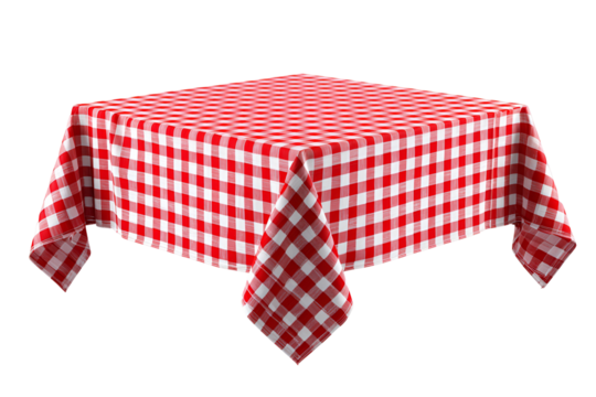 Red and white checkered tablecloth draped over a square table isolated on transparent background