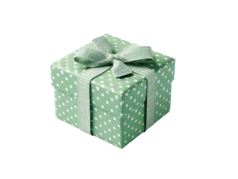 Mint box with white dots, wrapped and ribbon-tied