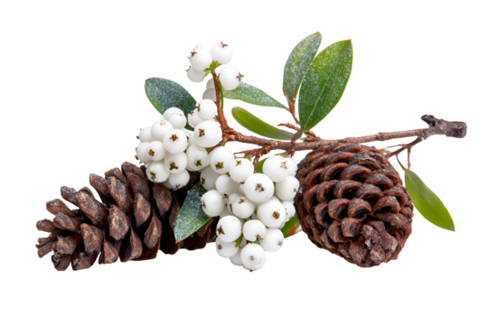 Two pine cones and a branch with white berries isolated on transparent background
