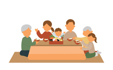 お節料理を楽しむ三世代家族のイラスト