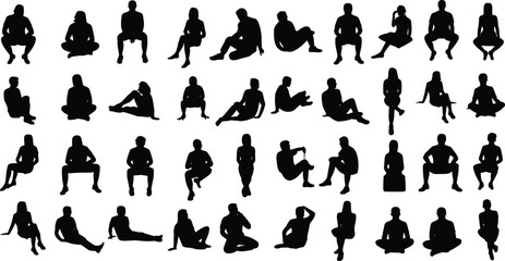 Seated human silhouettes, sitting poses, posture icons, ergonomic reference, animation asset, black figures, body language, chair positions, white background