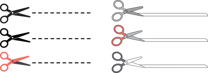 Scissors icon set, cutting concept, dashed line graphic, paper trim, black silhouette, colorful scissors, craft tool, design symbol