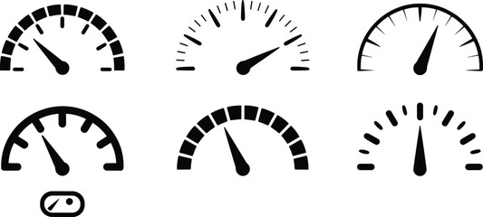 Gauge icons, speedometer symbols, measurement graphics, dashboard UI elements, black silhouette set, needle indicators, control panel visuals