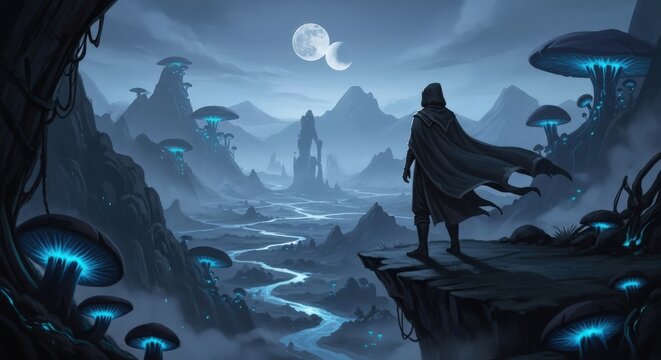 Lone figure gazes over alien landscape with glowing mushrooms and distant tower