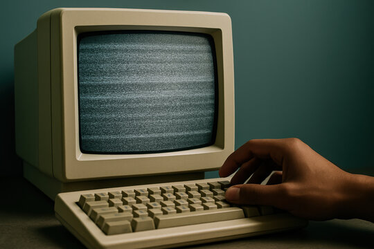 Person operating vintage computer with blank static screen, hand on keyboard, retro technology concept for classic computing
