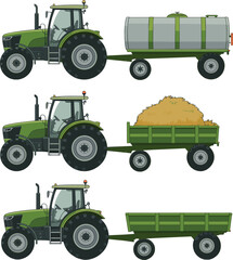 Fototapeta premium Green tractors with trailers, farming equipment illustration, agricultural transport icons, hay, liquid, cargo trailer graphics, rural vehicle design